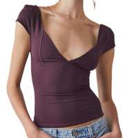T-shirts ajustés de haute qualité pour femmes, col en V, coupe slim, coton mélangé, vêtements décontractés pour femmes, livraison rapide
