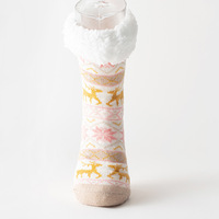 Chaussettes de sol d'hiver pour femmes Chaussettes antidérapantes avec longueur de l'équipage Motifs de points de dessin animé Chaussettes de tapis de neige de confinement chaud à la maison