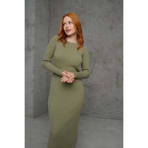Vestido ajustado de punto acanalado color caqui con cuello redondo, cintura natural, transpirable, de manga larga y longitud media para uso diario informal. - Product Image 5