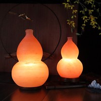 Lampe de sel de l'Himalaya en forme de gourde avec lumière chaude à intensité variable, base en bois, cristal naturel pour la guérison