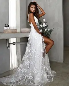 Wholesale Customized Lace Wedding Dress Sling V Neck Backless Trailing High Split Wedding Dress Tie Wedding