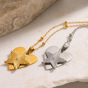 Collar de Acero Inoxidable 304 Chapado en Oro de 18K de Moda, con Colgante de Estrella y Corazón de Circonita, Diseño Electrochapado para Mujer, Accesorios de Moda - Product Image 1