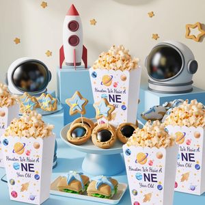 6 uds caja de dulces de papel Goodie astronauta galaxia espacio fiesta de cumpleaños Favor tratar caja de palomitas de maíz laminación brillante un año de edad - Product Image 4
