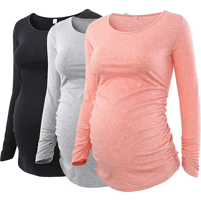 Ecavus 3PCS Womens Maternity Tunic Tops Long Sleeve Flattering Side Ruched Pregnancy Shirt 