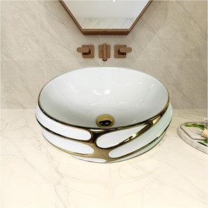 עגול צורה קרמית אגן היון זהב העליון כלי צבע חדר אמבטיה דקורטיבי חדר רחצה עמיד - Product Image 6