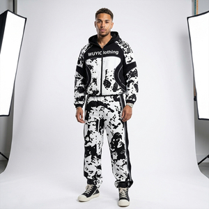 Trendy Men's Black and <b>White</b> Ink Splatter <b>Tracksuit</b> Set Oversized Zip-Up Hoodie and Baggy Wide Leg Pants Custom Logo Streetwear - Product Image 2
