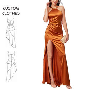 도매 솔리드 패션 고삐 목 주름 슬림 맞는 허벅지 들러리 원피스 사용자 정의 새틴 제국 허리 맥시 원피스 - Product Image 1