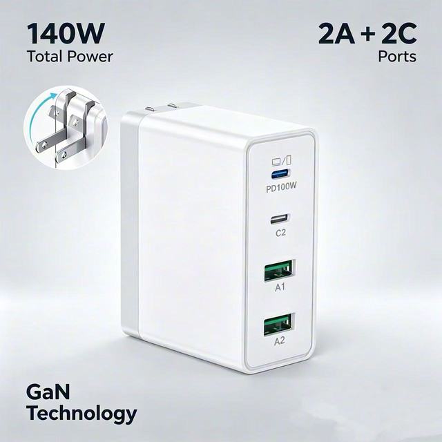 140W GaN USB C Charger 4-Port Fast Charging Foldable Plug Wall Adapter Laptop Charger Block Compatible with MacBook iPhone