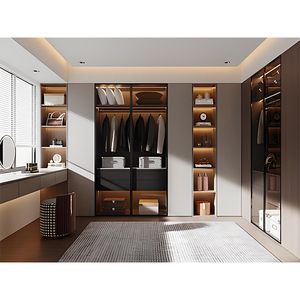 Dressing moderne sur mesure en L avec portes vitrées et rangements en bois, placard de luxe du <span class=keywords><strong>sol</strong></span> au plafond avec coiffeuse - Product Image 1