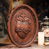 Plaque ovale en bois du Sacré-Cœur de Jésus, disque en relief sculpté à la main avec couronne de épines, décoration murale catholique, cadeau