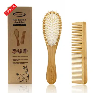 Set Sisir Bambu Organik Alami, Sisir & Sisir Rambut Buatan Tangan dengan Gigi Halus & Lebar