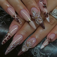Ongles Stiletto Marron Imprimé Guépard Fleurs 3D à Coller, Faux Ongles en ABS Fabriqués à la Machine, 30 Pièces Extra Longues pour Femmes