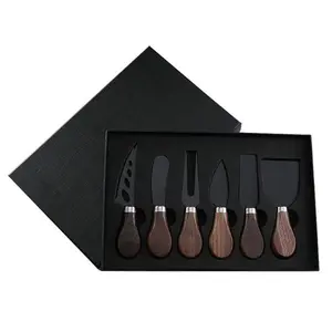 Wood Handle Steel Stainless 6 Pieces Cheese Knife Set Cheese Slicer Cutter Cheese Fork Spreading Knife for Gift Set