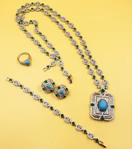 2023 New High Quality Elegant Zirconia Turquoise Pendant Necklace Earring 4-piece Set Dubai Bridal Party Jewelry Set