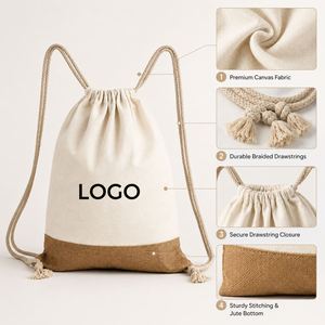 Custom Cotton Canvas Drawstring <b>Bag</b> with Jute Bottom Two-Tone Braided Rope Backpack for Gym Sports Travel Outdoor Activities - Product Image 2