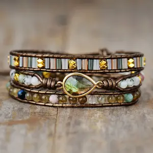 Hermosa pulsera de cuerda de cuero multicapa tejida a mano, pulsera de jade blanco de feldespato en forma de gota de agua Natural para mujer