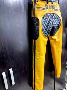 Pantalon de moto jaune pour homme avec protections aux genoux, imperméable, taille élastique, enduit PU, coupe droite robuste - Product Image 3