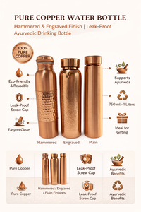 Botella de Agua de Doble Pared de Cobre Puro con Pajita y Tapa |   Botella Ayurvédica para Beber, con Acabado Martillado y Grabado, a Prueba de Fugas - Product Image 6