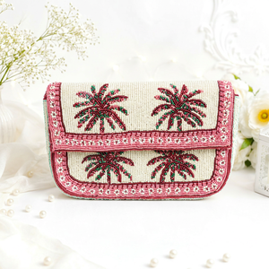 Pochette florale perlée faite à la main avec motif palmier, sac de soirée - Product Image 1