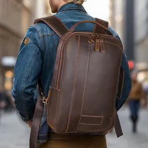 Wholesale Custom Logo Crazy Horse Leather Shoulder Back Pack Bag 15.6 Inch Laptop Backpack For Man