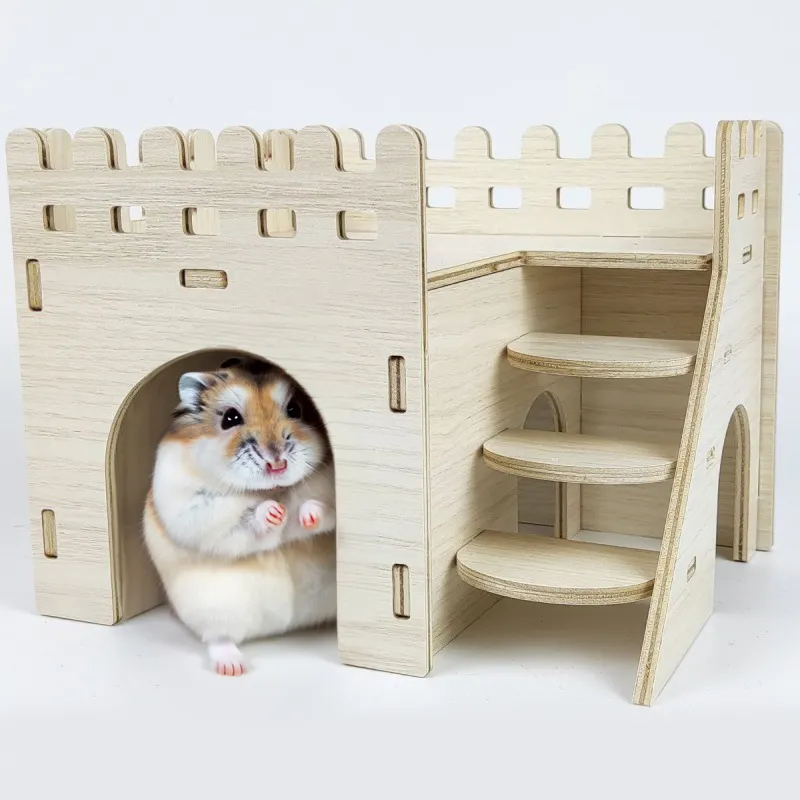Fun Hamster Cage Double-Decker Hut for Dwarf Gerbil Mouse Mice Rat Small Animals Tiny Hamster Maze Wood House
