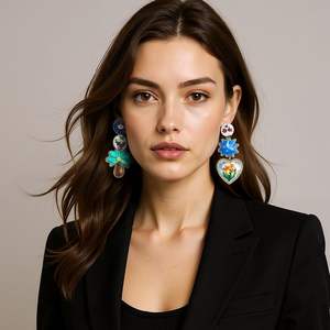 Boucles d'oreilles asymétriques artistiques rétro en alliage imprimé géométrique coeur fleur pour femmes - Product Image 1