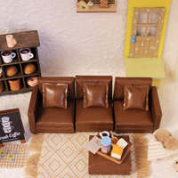 Ensemble de canapé miniature en cuir pour maison de poupée, fauteuil marron, ottoman, tapis géométrique, étagère, table basse, décoration, ornement, cadeau