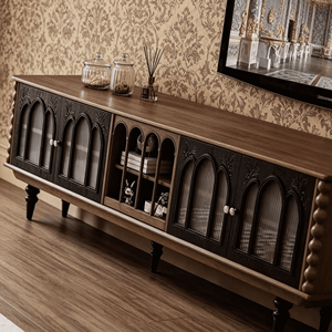 Vintage Gothic Style Wooden TV Stand & <b>Tall</b> <b>Cabinet</b> Set with Glass Doors for Living Room - Product Image 6
