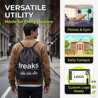 Sac à dos à cordon en polyester noir 210D, directement de l'usine, avec impression de lettres blanches, personnalisable en gros, idéal pour la gym
