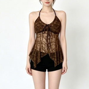 Camisola de encaje transparente para mujer con tirantes finos, lazo frontal y bajo asimétrico, estilo babydoll, de Sehe Fashion - Product Image 1