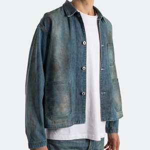 Chaqueta <span class=keywords><strong>de</strong></span> trabajo vintage índigo para hombre, overol <span class=keywords><strong>de</strong></span> mezclilla japonés con tejido a la máquina, corte cropped y holgado, a la moda. - Product Image 3
