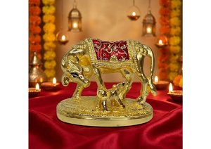 OM Shubh Labh Gold Plated Cow and Calf Figurine Kamadhenu Idol <b>Religious</b> Home Decor Decorative Gift <b>Statue</b> - Product Image 4