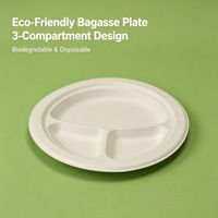 Assiette jetable 3 compartiments en bagasse de canne à sucre 100 % compostable, sans PFAS, compatible micro-ondes, pour plats à emporter, traiteur et fêtes