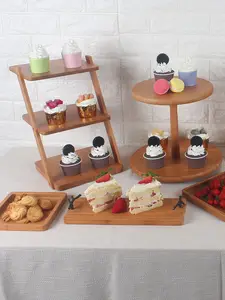 Kustom FSC kayu Solid melayani Cupcake berdiri rak tampilan kue kayu berdiri untuk makanan penutup buah makanan ringan permen