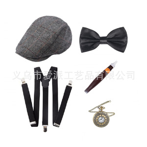 Ensemble de costume pour homme : chapeau, nœud papillon, bretelles, montre de poche et cigare – Cinq accessoires de fête - Product Image 3