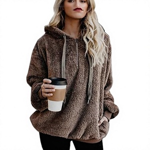 Women's Oversized <b>Sherpa</b> Fleece <b>Hoodie</b> Solid Color Warm Plush Pullover Winter Sweatshirt with Pockets Drop-Shoulder Long Sleeve - Product Image 1