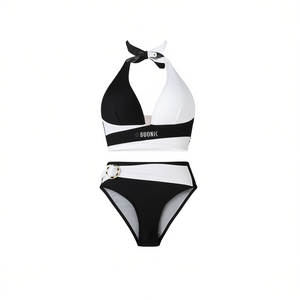 Set bikini da donna Buonic con cinturini a contrasto bianco e nero, slip a vita alta, costume da bagno S01064-52 - Product Image 1