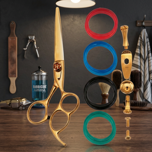 Ciseaux de barbier professionnels en acier inoxydable de 5 pouces pour droitiers avec vis réglable et inserts de bagues de doigt en quatre couleurs - Product Image 3