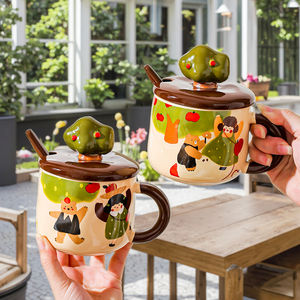 Taza de Cerámica Hecha a Mano con Diseño de Árbol de Manzana, con Tapa y Cuchara, de Alta Calidad, Reutilizable, en Caja de Regalo, para Café y <span class=keywords><strong>Desayuno</strong></span> - Product Image 1