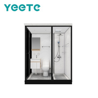 Module de salle de bain modulaire YEETE avec aménagement zone humide et sèche, douche pluie, toilettes et vasque pour projets hôteliers et d'appartements