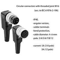 Konektor Bundar M16 Kabel Harness 3/4/5/6/7/8/12 Kutub Pria Wanita Lurus Sudut Sambungan Berulir IP40 Inti Tembaga Elektronik