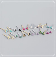 FSE043~FSE044 Mini Luxe S925 Sterling Silber Zirkonia-besetzte Ohrstecker Minimalistische Vergoldete Blumen Geometrische Gestapelte Ohrringe