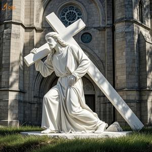 Estatua grande famosa Católica Cristiana talla de piedra Jesús 14 estaciones segunda estación mármol blanco Jesús lleva escultura cruzada - Product Image 1