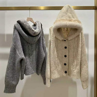 Cardigan en laine tricoté à col en fourrure de lapin Rex, coupe ample, à boutonnage simple, pour femme, style mode de luxe, idéal pour l'hiver, vente en gros