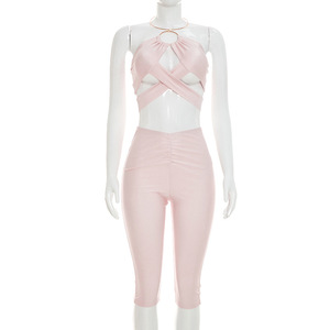 Nuovo Completo Capri in Metallo a 2 Pezzi per Donna, <span class=keywords><strong>Top</strong></span> <span class=keywords><strong>Sexy</strong></span> Traforato e Pantaloncini, Set Estivo Aderente per Donna - Product Image 2