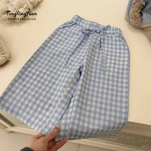Girls Summer Set Short Sleeve T Shirt Plaid Wide Leg Pants Two Piece Breathable Casual Outfit For Kids - Product Image 4
