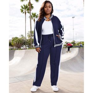 FOXA Women's Plus Size Jogging Suit 2 Piece Track <b>Set</b> Navy Blue Side Stripe Sweatshirt Pants Outfit - Product Image 2