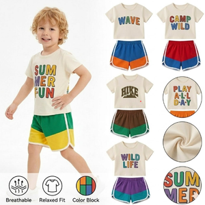 ชุดเสื้อผ้าเด็กบูติกสำหรับฤดูร้อน 3-6 ปี เสื้อยืดคอกลมสีบล็อคและกางเกงขาสั้นลายผลไม้คละแบบ ชุดเด็กวัยหัดเดิน - Product Image 2