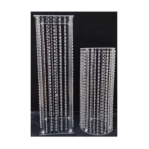 Wedding Table Decoration Crystal Beaded Tall Wedding Floral Column Stands Clear Acrylic Flower Stand