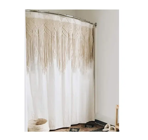 Macrame Shower Curtain, 72-Inch Linen Fabric Boho Bathroom Shower Curtain Sets Inset Hand Braided Vintage Cotton Macrame Curtain